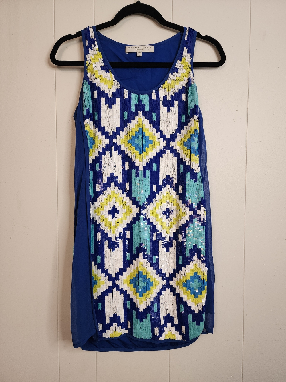 Trina Turk Geometric Sequin Mini Dress in Blue & White Size 2 Like New
